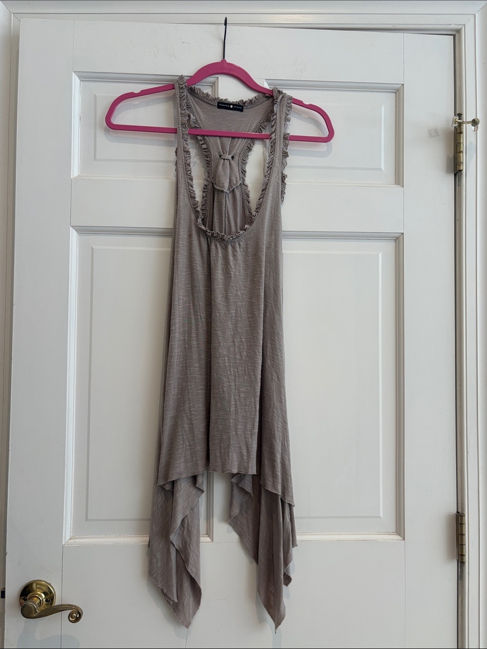 Women's Asymmetrical Ruffle-Trim Tank Top - Taupe with Bow in Back